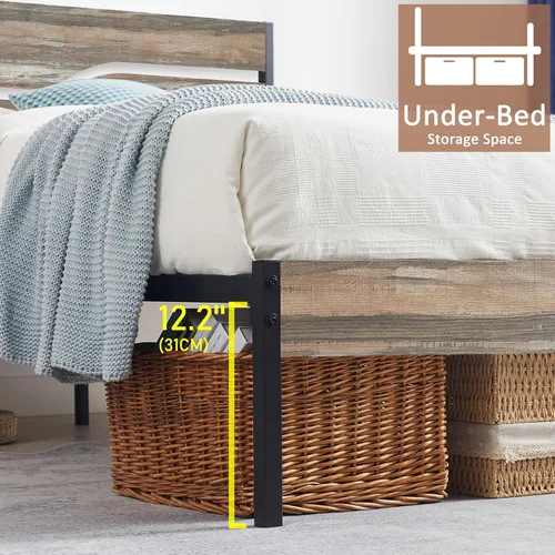 Vista 5 de VECELO - Base de cama con plataforma tamaño matrimonial con cabecera de madera, base de colchón, soporte de listones de metal fuerte, no necesita