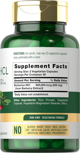 Vista 2 de Suplemento de HCl de Berberina Carlyle 500,000 mcg 60 cápsulas Vegetariano, sin OMG, sin gluten