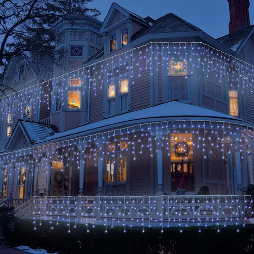 Vista 5 de Luces de carámbano de Navidad para decoración al aire libre, 8 modos, 300 luces LED conectables de 30 pies, 60 gotas para aleros, ventana, hogar