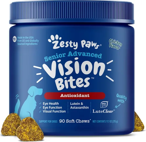 Zesty Paws Suplemento ocular para perros - Apoyo de la visión con antioxidantes y ácidos grasos Omega 3 - 90 masticables