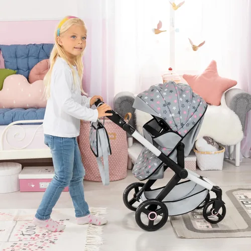 Vista 2 de Bayer Muñecas de diseño: cochecito Xeo - Gris, rosa, estrellas - Incluye bolsa de hombro, se adapta a muñecas de hasta 18', convertible a una