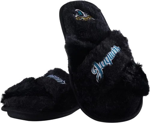 Vista 3 de FOCO Pantuflas deslizantes cruzadas mullidas con logotipo de texto del equipo NFL para mujeres