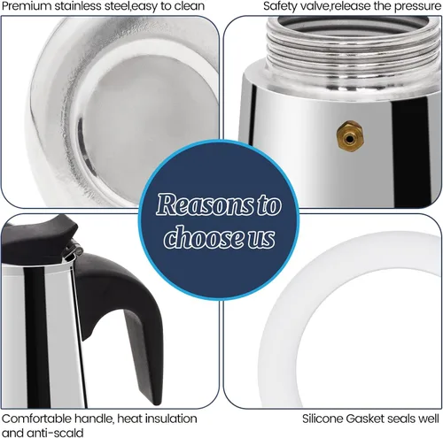 Vista 7 de 2 Tazas Moka de Acero Inoxidable 100ml Cafetera de Espresso Italiana para Estufa Cafeteras Moka Percolador Cafetera Greca para Estufa de Inducción