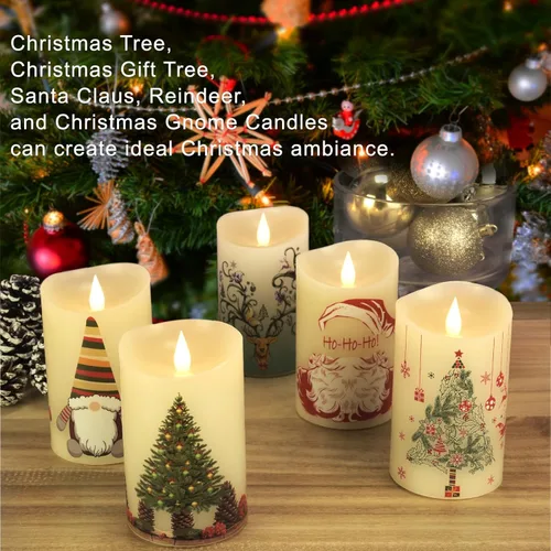 Vista 5 de Velas navideñas sin llama con control remoto, 3 x 5 pulgadas, funciona con pilas, parpadeante con mecha 3D, pilar de cera real, vela de Papá Noel