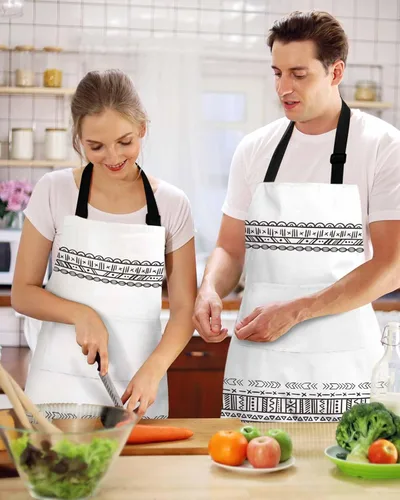 Vista 2 de Waterproof Apron with 2 Pockets, Boho Style Black White Geometric Pattern Adjustable Man and Women Kitchen Bib Apron for Baking Cooking Restaurant