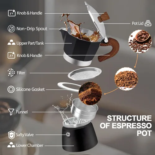 Vista 3 de Cafetera Moka Pot Express de Aluminio de 3 Tazas 150ml (5.1 fl oz), Cafetera de Espresso para Estufa, Cafetera Colorida Estilo Clásico Italiano