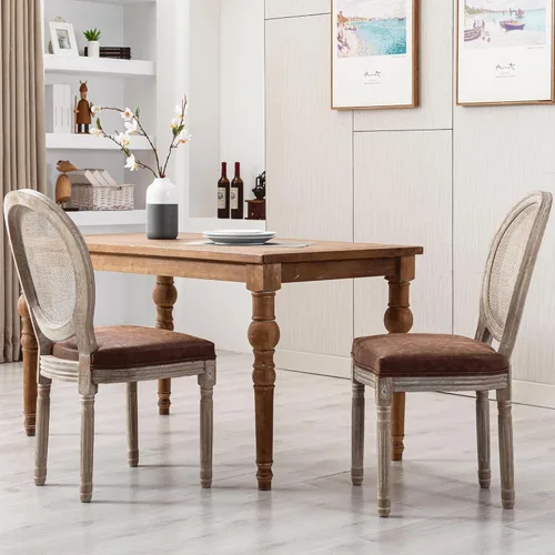 Juego de 2 sillas de comedor de cuero estilo granja con respaldo redondo de ratán para comedor, sala de estar, restaurante, cocina, color marrón