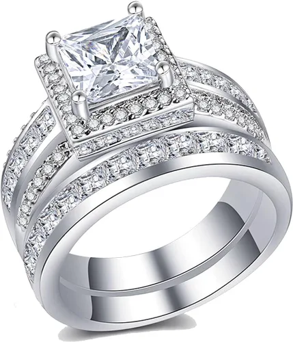 3Ct Princess Wedding Rings for Women Engagement Ring Set Bands 18k White Gold Plated Halo Cz Size 6-10