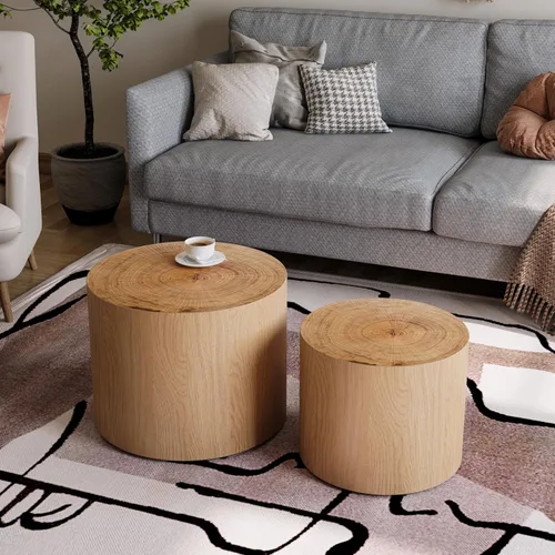 Vista 22 de WILLIAMSPACE Juego de 2 mesas de centro anidadas, mesas de centro redondas de madera de nogal, mesa circular moderna para espacios pequeños, sala