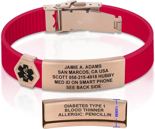 Vista 252 de Divoti Pulsera de identificación de alerta médica grabada personalizada, grabado láser de doble cara, pulsera de silicona, cierre de seguridad