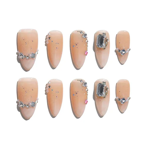 Vista 14 de Sun&Beam Nails Uñas a presión hechas a mano, medianas y largas, almendra, ovalada, azul y blanco, concha de perla, diseño 3D, bonitos dijes