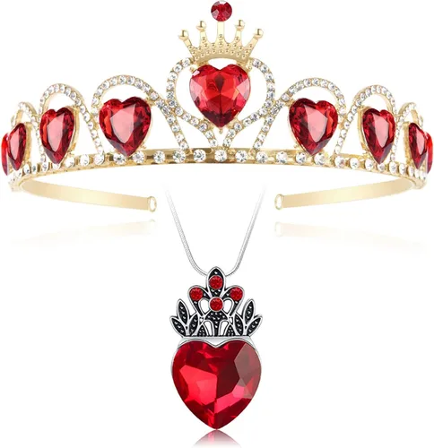 Evie - Juego de joyas de tiara dorada, corona de corazón rojo y collar, descendientes, disfraz de reina de corazones, regalo de joyería para niñas y