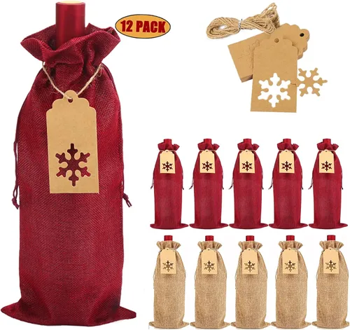 DERAYEE Bolsas de regalo de vino de arpillera, 12 bolsas de yute de Navidad para botellas de vino con cordones, reutilizables con etiquetas para