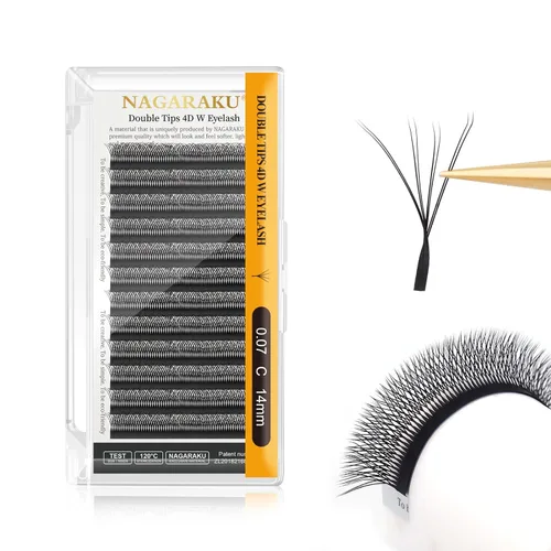 Vista 402 de NAGARAKU Extensión de pestañas en forma de W 3D con volumen en racimo, abanico prefabricado, pestañas postizas de visón sintético mate negro