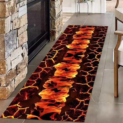 Vista 8 de Alfombra de cocina larga con ilusión óptica 3D, 1.3 x 7 pies, diseño de lava abstracta con estampado retro de grietas de roca para interiores