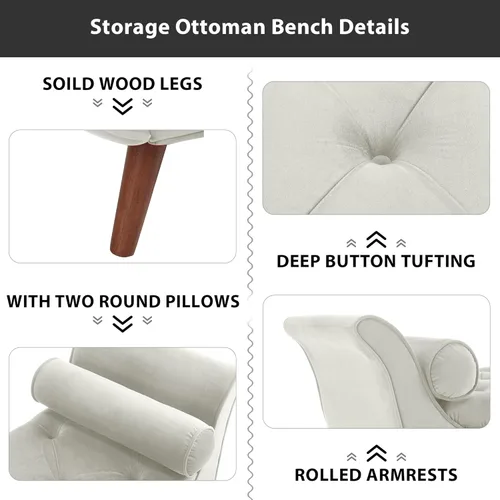 Vista 5 de Banco de almacenamiento al final de la cama para dormitorio, banco de almacenamiento de terciopelo tamaño King de 65" con 2 almohadas, banco sofá
