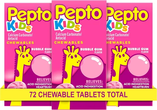 Pepto Kids Bubblegum - Tabletas antiácidas masticables, alivio del malestar estomacal para niños, alivio de la acidez estomacal, indigestión ácida y