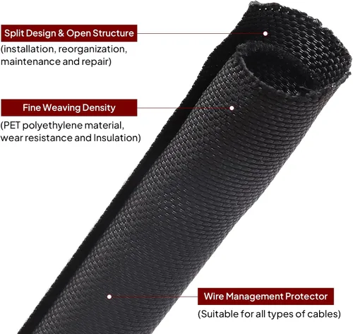 Vista 4 de Mangas trenzadas negras para organización de cables, protector de cable de telar de alambre, autoenvoltura (1/2 "-12 pies)