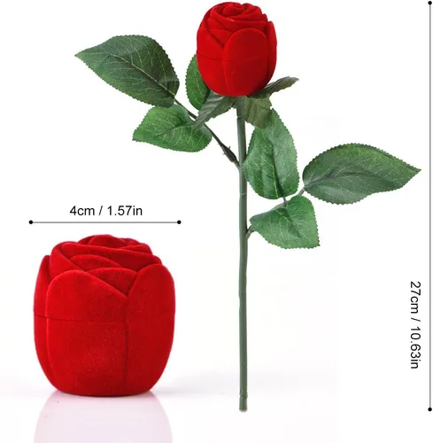 Vista 3 de TOPINCN Caja de anillo de rosa roja, caja de anillo de compromiso de rosas con forma de rosa roja, caja de joyería romántica para propuesta, soporte