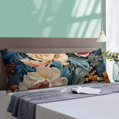 Vista 4 de Funda de almohada corporal, funda de almohada larga floral azul con cremallera, funda de almohada rectangular suave, fundas de almohada grandes