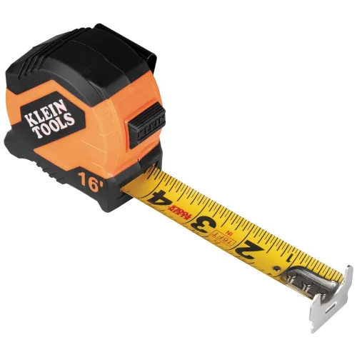 Klein Tools Cinta métrica 9516, cinta métrica imperial compacta de doble gancho de 16 pies con freno de dedo, hoja de nailon, líneas llamativas
