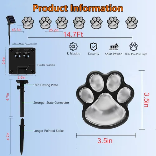 Vista 3 de Luces solares con estampado de patas: tira de luces solares LED impermeables para exteriores (juego de 8), lámpara decorativa de perro y gato, luces