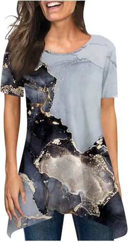Tuianres Womens Graphic T Shirts 2023 Summer Round Neck Loose Comfy Tee Shirt Short Sleeve Trendy Marble Print Tunic Blouse