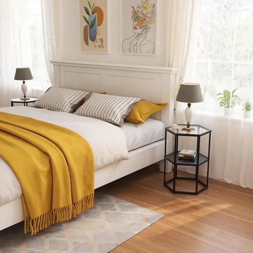 Vista 5 de Mesa auxiliar con estante de almacenamiento de 2 niveles, mesas auxiliares modernas para sala de estar, oficina, espacios pequeños, mesa auxiliar