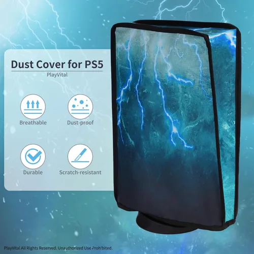 Vista 3 de PlayVital Dust Cover for PS5, Waterproof Console Cover, Soft Nylon, Compatible with Digital & Disc Edition - Green Storm Thunder