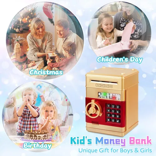 Vista 5 de Refasy Alcancía para dinero en efectivo, cajero automático, banco electrónico de monedas para niños de 3 a 12 años, caja de ahorro de dinero, mini
