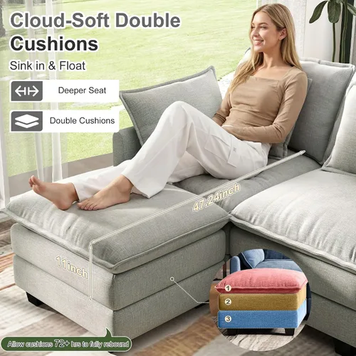 Vista 4 de Seccional Cloud Couch de 107", Sofá Seccional Modular en Forma de U, Sofá de Asiento Profundo de 4 Asientos con 6 Almohadas Extraíbles Lavables y 2