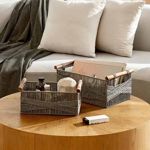 Vista 2 de LA JOLIE MUSE Cestas de almacenamiento de mimbre para organizar, cesta de cuerda de papel reciclable con asas de madera, cestas decorativas tejidas