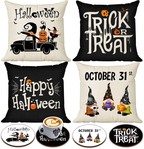 Vista 7 de CREATRILL Juego de 4 fundas de almohada de Halloween de 18 x 18 pulgadas, funda de almohada de lino suave con castillo de gato negro, decoración