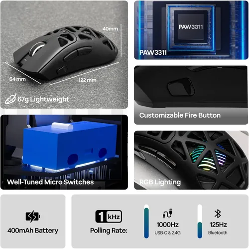 Vista 3 de MechLands Aula SC620 - Ratón para juegos, 2.4G/USB-C/BT inalámbrico con batería de 400mAh, DPI ajustable de 12,000 y tasa de sondeo de 1000, sensor