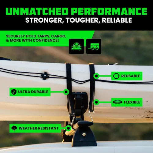 Vista 3 de Correas elásticas de goma Rhino USA resistentes para exteriores con ganchos ajustables (paquete de 12) Correas variadas resistentes al clima