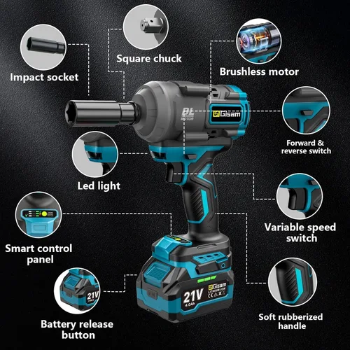 Vista 2 de Gisam Llave de impacto inalámbrica, pistola de impacto eléctrica sin escobillas de par máximo de 900 pies-lb (1200 N.m), retroceso automático de 3
