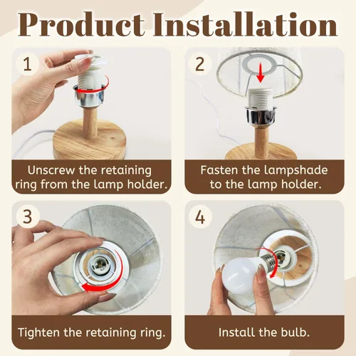 Vista 7 de Bedside Table Lamp 50s Mid Century Modern Seamless Dimmable Desk Lamp with Flaxen Fabric Shade Wood Base Nightstand Small Lamp for Bedroom Living