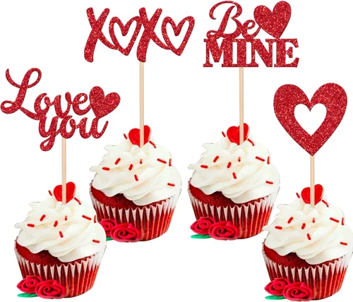 Vista 48 de Paquete de 24 adornos para cupcakes con purpurina en forma de corazón con temática de amor dulce, decoración de pasteles para el día de San