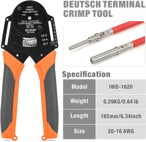 Vista 2 de iCrimp IWD-1620 Deutsch Crimp Tool, Size 16 Deutsch Crimper, Solid Barrel Contact & Circular Connector Contacts Crimping Tool, 8 Indents Wire