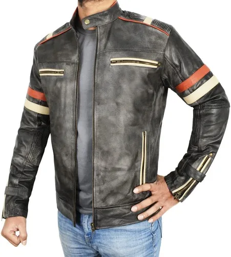 Vista 2 de Prime-Fashion Mens Vintage Motorcycle Distressed Retro Biker Leather Jacket