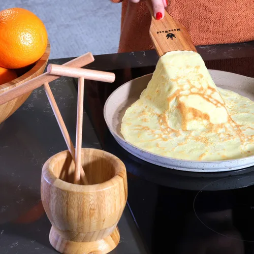 Vista 3 de Juego de esparcidor de crepé con volteador, 4 piezas de herramientas de madera (3.5, 5, 7, 12 pulgadas), diseño en forma de T para cocinar