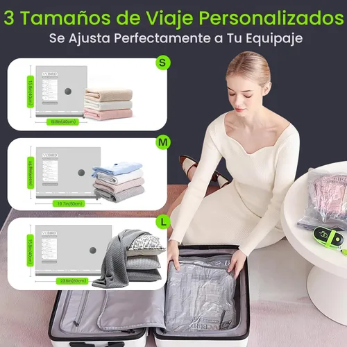 Vista 5 de 9 Pack Bolsas de Almacenamiento al Vacío de Viaje con Bomba Eléctrica USB, Bolsas de Tamaño de Equipaje de Mano de Ahorro de Espacio para Ropa