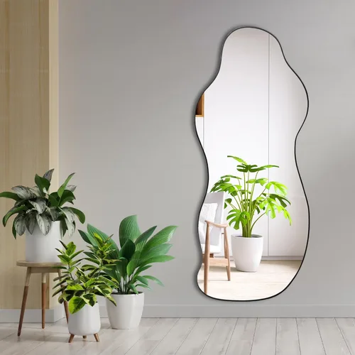 Vista 12 de POZINO Espejo de pared irregular, 35.4 x 18.8 pulgadas, espejos asimétricos sin marco, modernos espejos decorativos ondulados, espejo