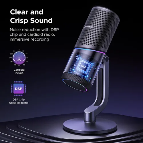 Vista 3 de UGREEN Micrófono para PC, micrófono USB con luces RGB, botón de silencio, 24bit/96kHz, patrón polar cardioide, control de volumen, micrófono