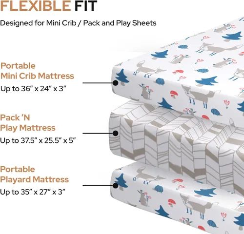 Vista 3 de Sábana para cuna pequeña con patrón de zorro y cheurón, sábana bajera ajustable 100% algodón orgánico Pack n Play, sábanas de primera calidad