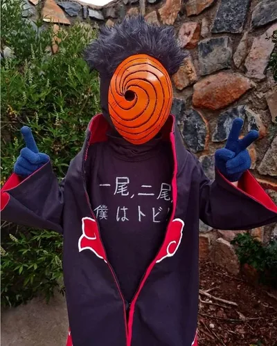 Vista 2 de Disfraz de cosplay de Uchiha Itachi para niños capa de uniforme de nube roja máscara de Obito Tobi con bata larga de Halloween
