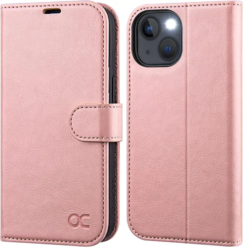 Vista 14 de OCASE Funda tipo cartera compatible con iPhone 13, de piel sintética con tapa tipo folio, con tarjetero, bloqueo RFID, soporte