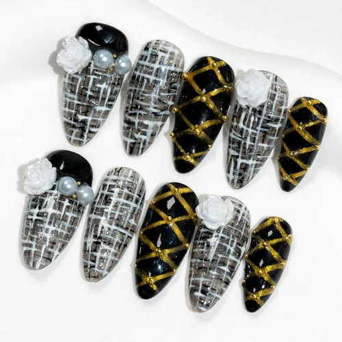 Vista 38 de Sun&Beam Nails Uñas a presión hechas a mano, medianas y largas, almendra, ovalada, azul y blanco, concha de perla, diseño 3D, bonitos dijes