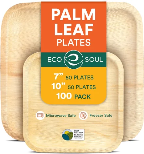 Vista 9 de ECO SOUL Platos de bambú con forma de hoja de palmera, cuadrados de 7 y 10 pulgadas, paquete de 50 vajillas desechables a granel, vajilla de madera