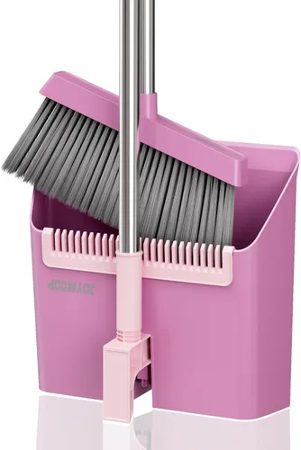 Vista 12 de JOYMOOP Juego de escoba y recogedor blanco, diseño angular vertical con dientes de peine incorporados para cocina, oficina, pelo de mascotas, suelos